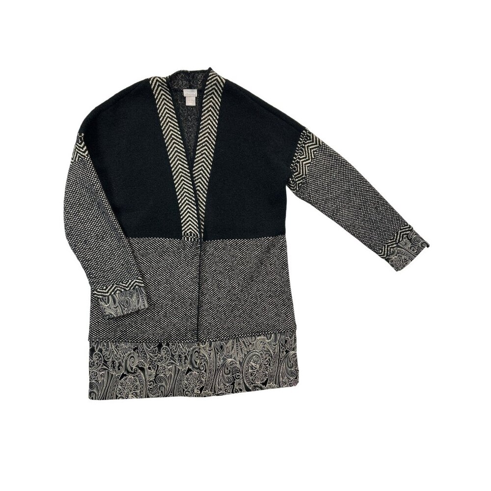 Chicos Cardigan Sweater Duster Womens Medium Black Beige Paisley Trim‎